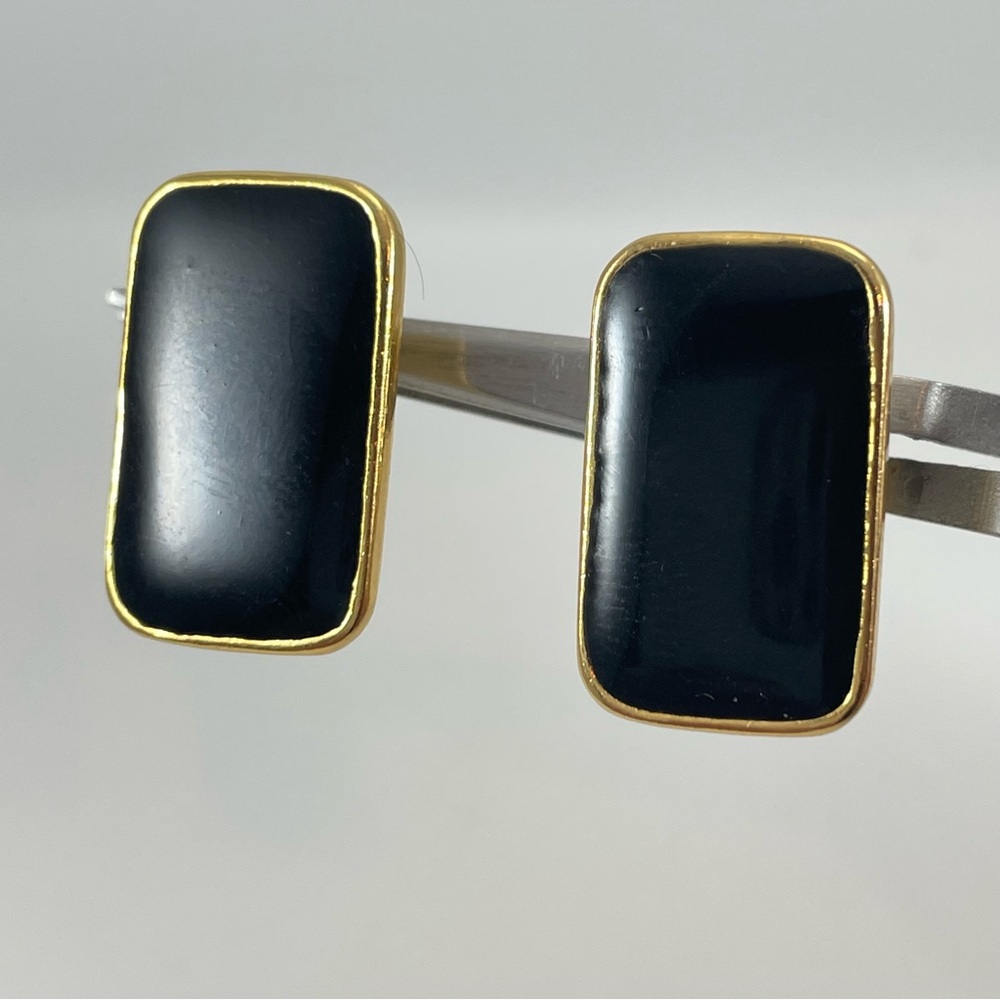 Vintage Goldette Black Enamel Screw Back Clip On Earrings Classic Timeless